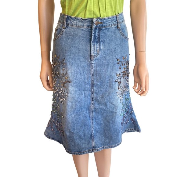Mango Vintage Bead Applique Jean Skirt 33x25 5 pockets Cotton Stretch Medium - Picture 14 of 17